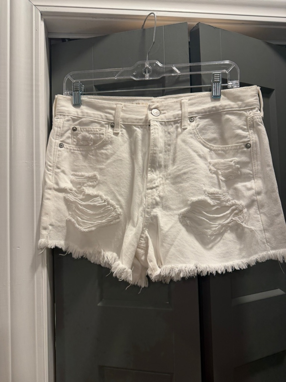 White Distressed Denim Shorts - Women's Casual Frayed Hem